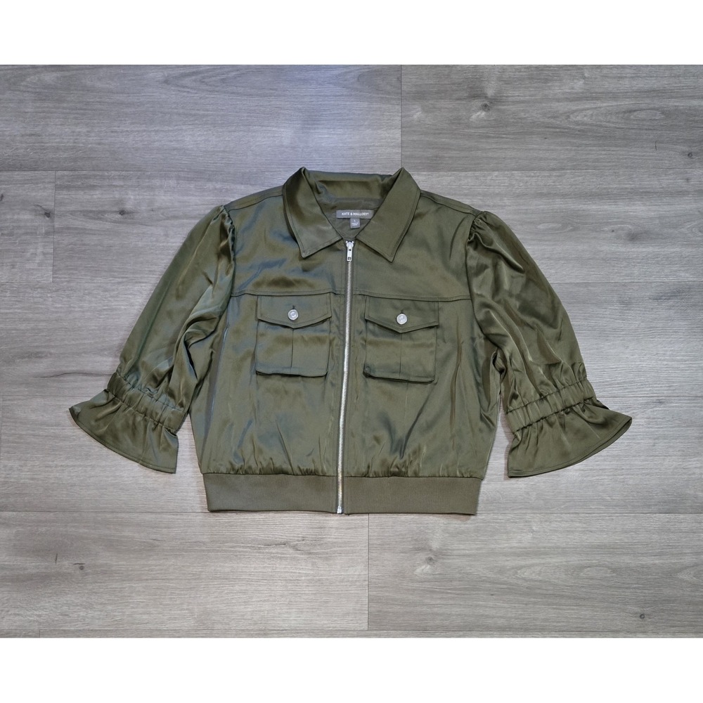 Kate & Mallory Satin Bomber Jacket Women's Large Green Zip Cropped Bell Sleeves